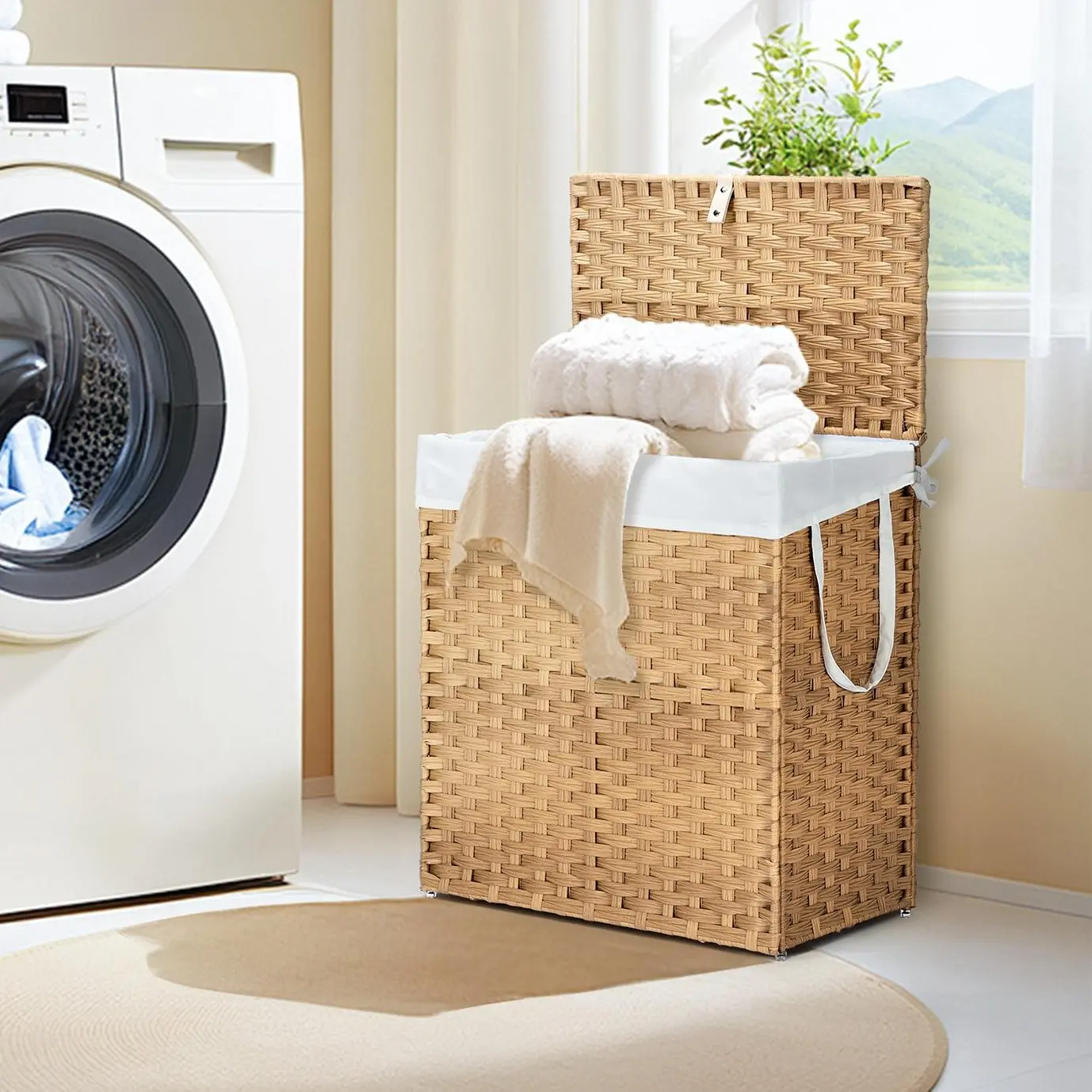 Wicker Laundry Basket with Lid, 110L Woven Laundry Hamper with Handles, Foldable Rattan Clothes Hamper with Removable Liner & Sturdy Steel Frame