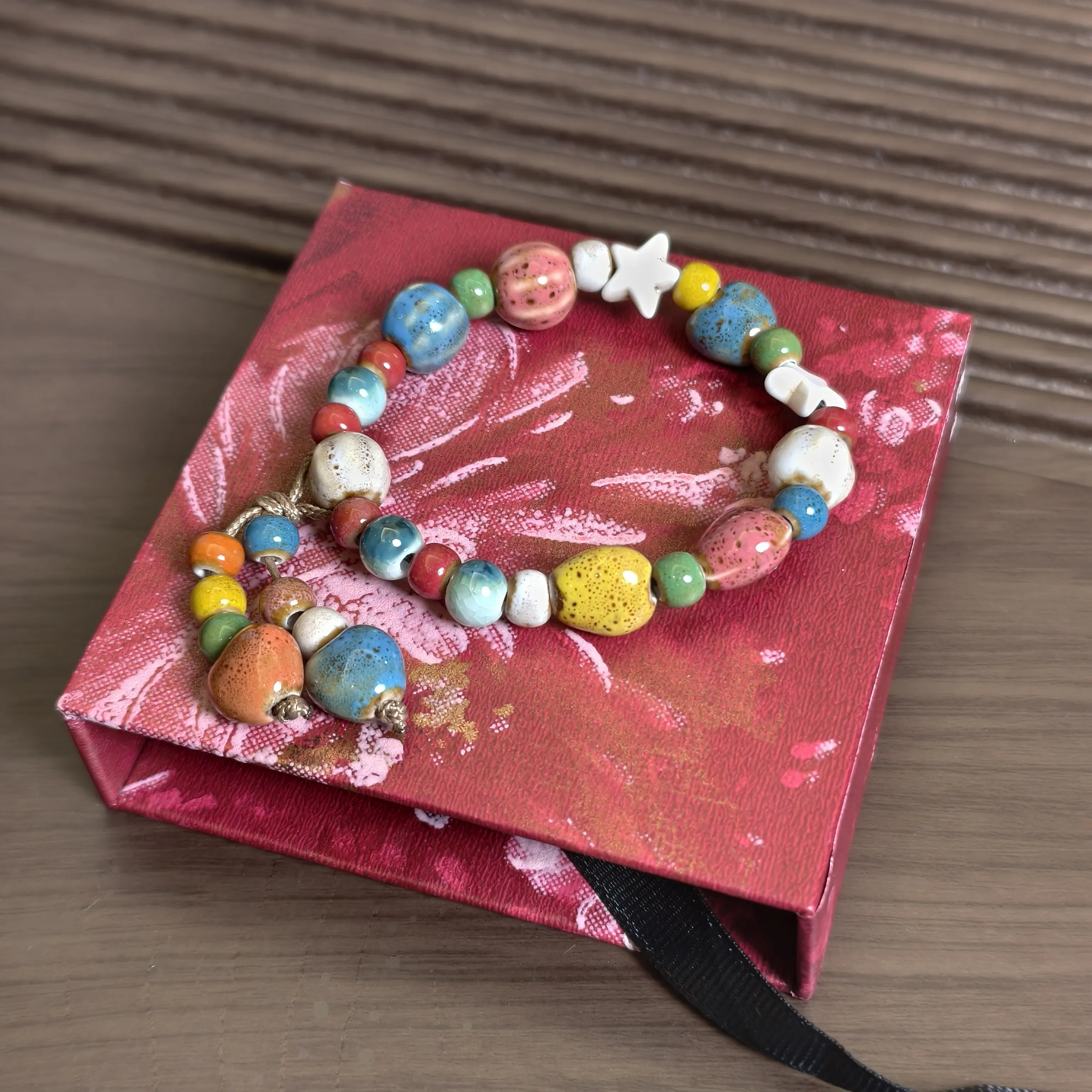 Red Fortune Ceramic Bracelet - Collectible Cultural Pottery Accessory