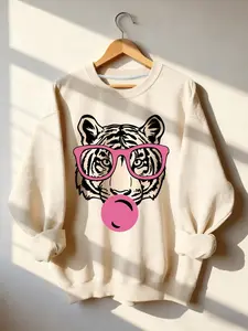 Women's Trendy Tiger Print Sweatshirt with Glasses Design, Cute Street Fashion, Fall & Winter Warm Comfort Fit, Youth Casual Wear
