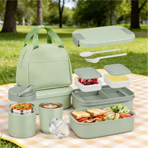 Bento Lunch Box Set with 10.5oz Soup Thermo Food Jar for Adults Kids, Stainless Steel Leak-proof Lunch Container with 4 Compartments, Insulated Tumbler with Lunch Bag for School Travel Office-Grey