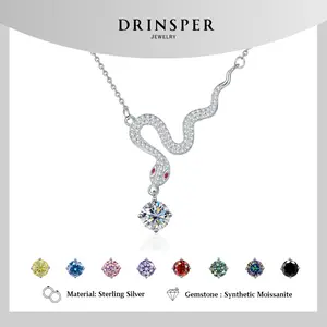 DRINSPER Snake Design S925 1.0ct DVVS Synthetic Moissanite Sterling Silver Pendant Necklace for Women Girls Cool Luxury Elegant Style Suitable for Daily Wearing Birthday Party Helloween Gift for Girlfriend Mom