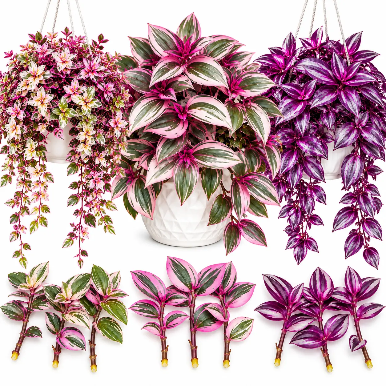 Pink Wandering Dude Plant Collection – 9 Tradescantia Cuttings – 3 Pink Lady, 3 Pink Pony & 3 Nanouk – Colorful Variegated Trailing Houseplants