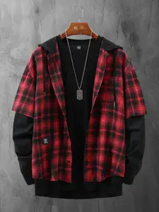 Men's Sportswear Trend Streetwear Street Style Sporty Oversized Loose Plaid Faux Two-Piece Hooded Patchwork Casual Sports Jacket