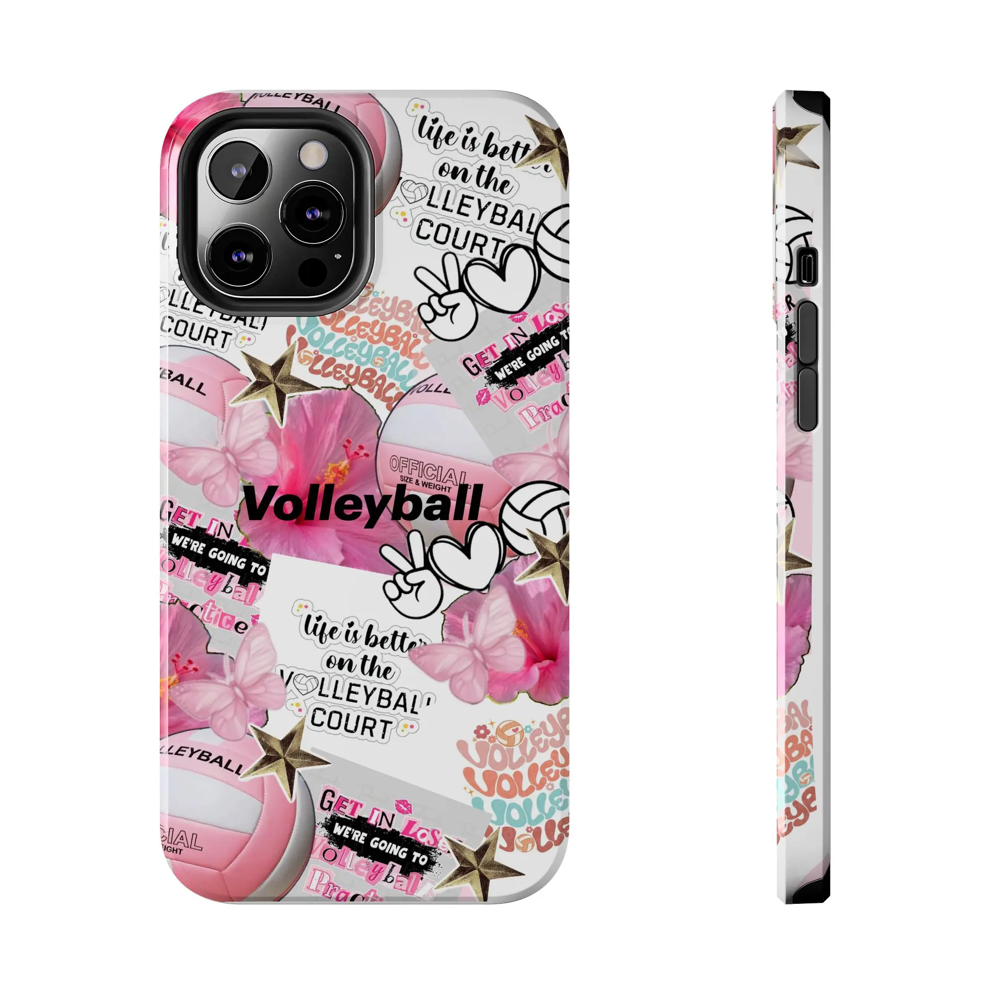 Pink Volleyball Collage Phone Case, Cute Girly Volleyball Print Tough Cover, Cute Aesthetic Protective For iPhone 14 15 16 17 Pro Max Plus Air, Galaxy S24 S25