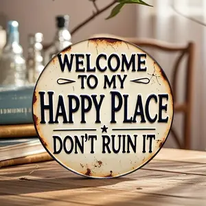 Vintage Welcome To My Happy Place Round Wooden Sign, 1 Count Easy-hang Decor for Bedroom, Kitchen, Dining Room, Perfect Gift for Home Or Office