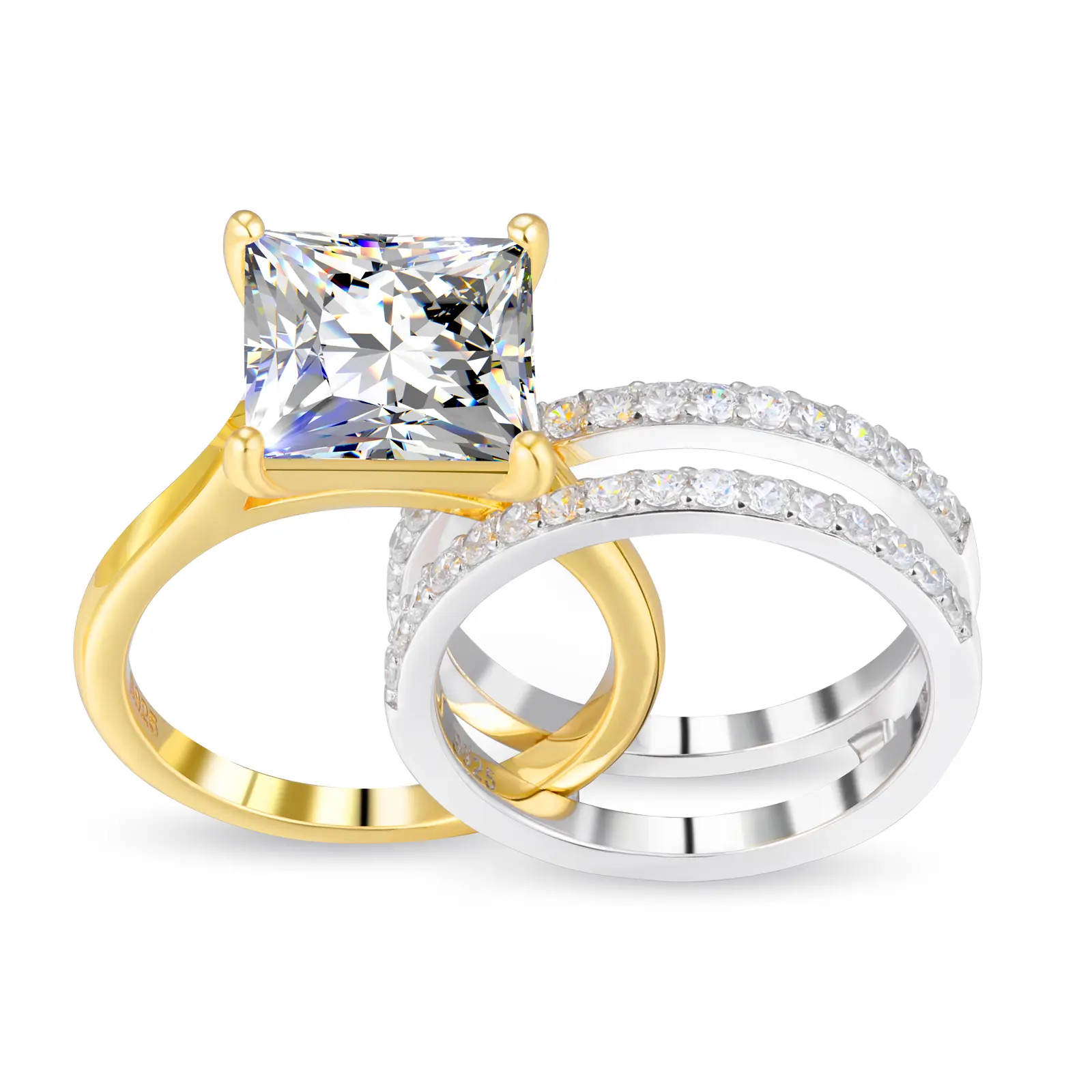 UCCIYO 2PCS S925 Sterling Silver  Promise Ring Set for Women, 5CT Pricess Cut Square Vintage Stackable Bridal Ring Guard, Sparkly Anniversary Gift Wedding Ring 【#RS925170】