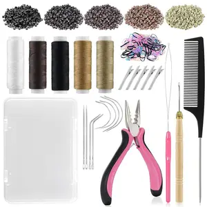 Hair Extension Tools Kit, 500 Silicone Lined Micro Rings, 1 Plier, 1 Threader, 1 Crochet Hook, 8 C/J/I Needles, 5 Clips, 1 Comb, 5 Sewing Threads,100 Mini Rubber Bands with Storage Case