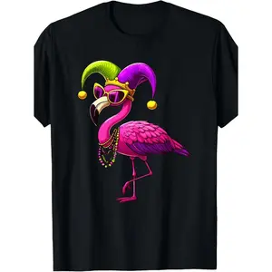Unisex Mardi Gras Flamingo Carnival T Shirt with Vibrant Pink Flamingo Beads and Fleur de Lis Graphic Heavyweight Retro Short Sleeve Round Neck Tee