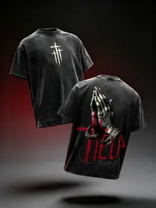 Praying Hands Triple Cross Vintage Acid Wash Oversized T-Shirt Front Triple Cross Logo Back Rope Prayer Hands Isaiah Bible Verse Graphic Distressed Black Unisex Cotton Crewneck Christian Faith Tee Great Gift For Religious Believers Casual Street Outfit