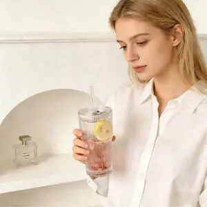 High Appearance Glass Cup 19oz Thickened Ribbed Glass Tumbler Set| With Lids & Straws| For Coffee, Smoothies & More