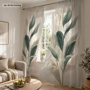2pcs Green Leaf Sheer Curtains, Artistic Minimalist Print with Sparkling Details, Light Filtering Privacy Polyester Window Treatments, Rod Pocket, Set of 2