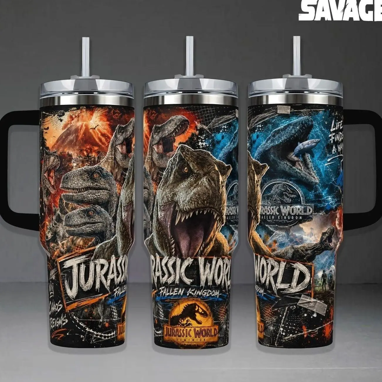 Jurassic World Fallen Kingdom & Dominion Tumbler, 20oz & 40oz Insulated Travel Mug with Handle & Straw. T-Rex Blue Raptor & Mosasaurus Art Cup, Prehistoric Dinosaur Fan Merchandise, Perfect Gift for Sci-Fi and Movie Lovers