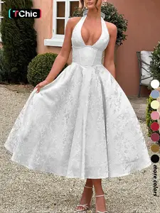Fashion Elegant Chic Halter Lace-Up Embroidered Waist V-Neck Sleeveless Dress, Long Plain Party Gown, Evening Gown, Formal Wear, Fitted Style for Lady Women