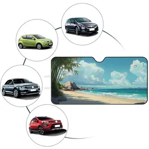 Car Windshield Sun Shade | Beach Scene Blue Sky Ocean Waves Tropical Palm Trees And Rocks, Polyester Fiber, Universally Applicable for Car Interior Protection and Decorative Use