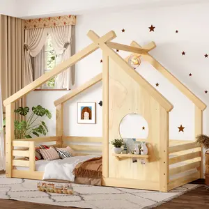 [Bellemave]Twin/Full  House Floor Bed with Window and a Small Shelf, Solid Wood Floor Bed with House-shaped Roof, No Spring Box Needed, Natural