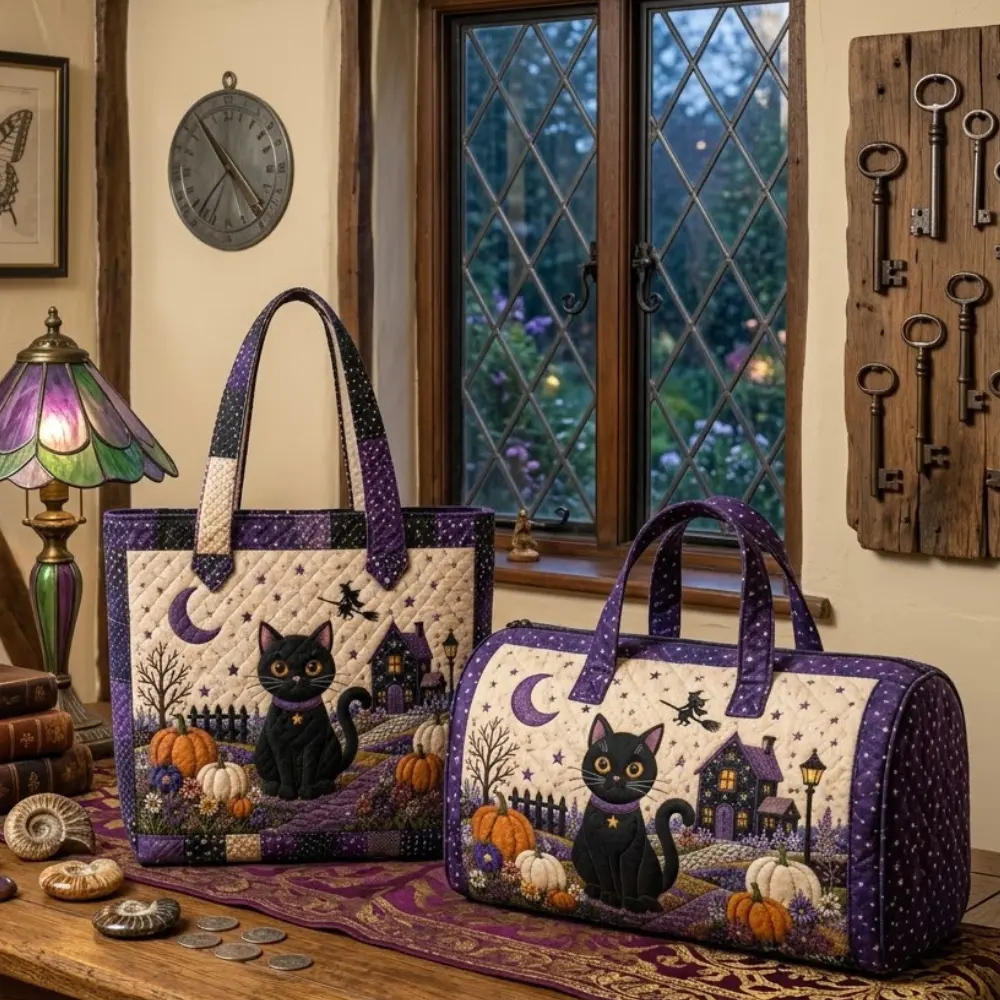 Black Cat Quilted Tote Bag and Weekender Bag Set, Vintage Halloween Witch Haunted House Pumpkins Patchwork Printed Canvas Purse , Perfect Gift for Him Her