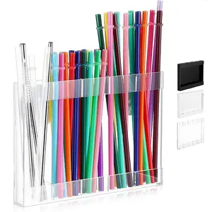 Acrylic Large Straw Holder, Reusable 5 Grids Straw Storage Dispenser, Transparent and Clear Acrylic Holder, Kitchen Counter Organizer, Clear Display Stand