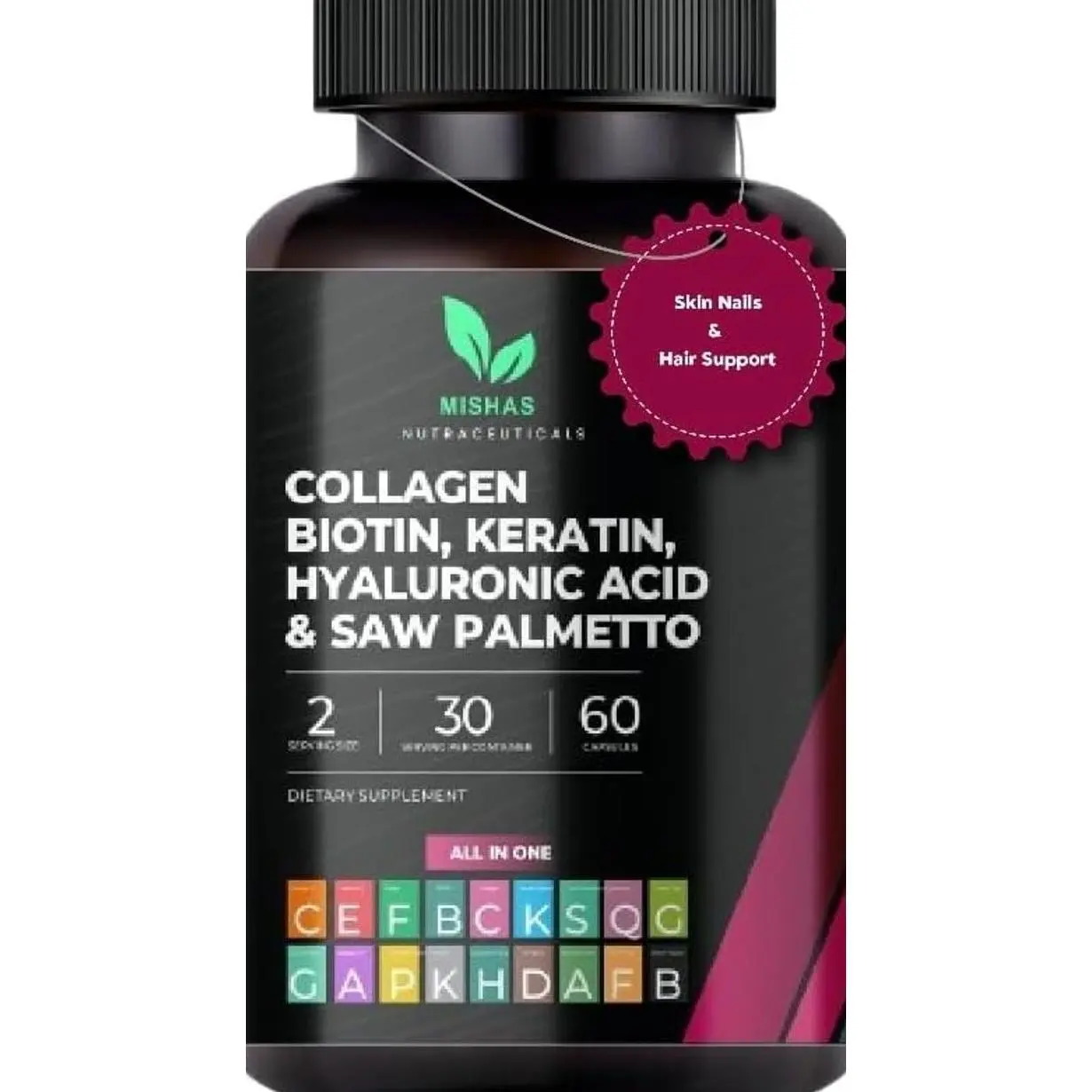 Multi Collagen Hair Pills - Biotin 10,000mcg, Keratin & Hyaluronic Acid - Hair Growth - Hair Skin & Nails Vitamins & DHT Blocker - Vitamin E Folic Acid Pumpkin Seed MSM, Saw Palmetto 60 Vegan Capsules