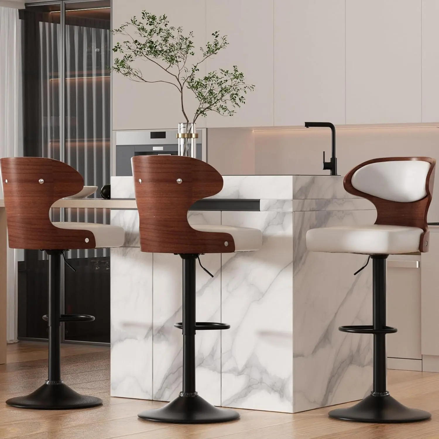 Modern Bar Stools Set of 2, Bentwood Swivel Barstools Seat Adjustable Height 24.5-33.5IN with Back & Footrest - PU Leather Upholstered Bar Chair for Dining Room