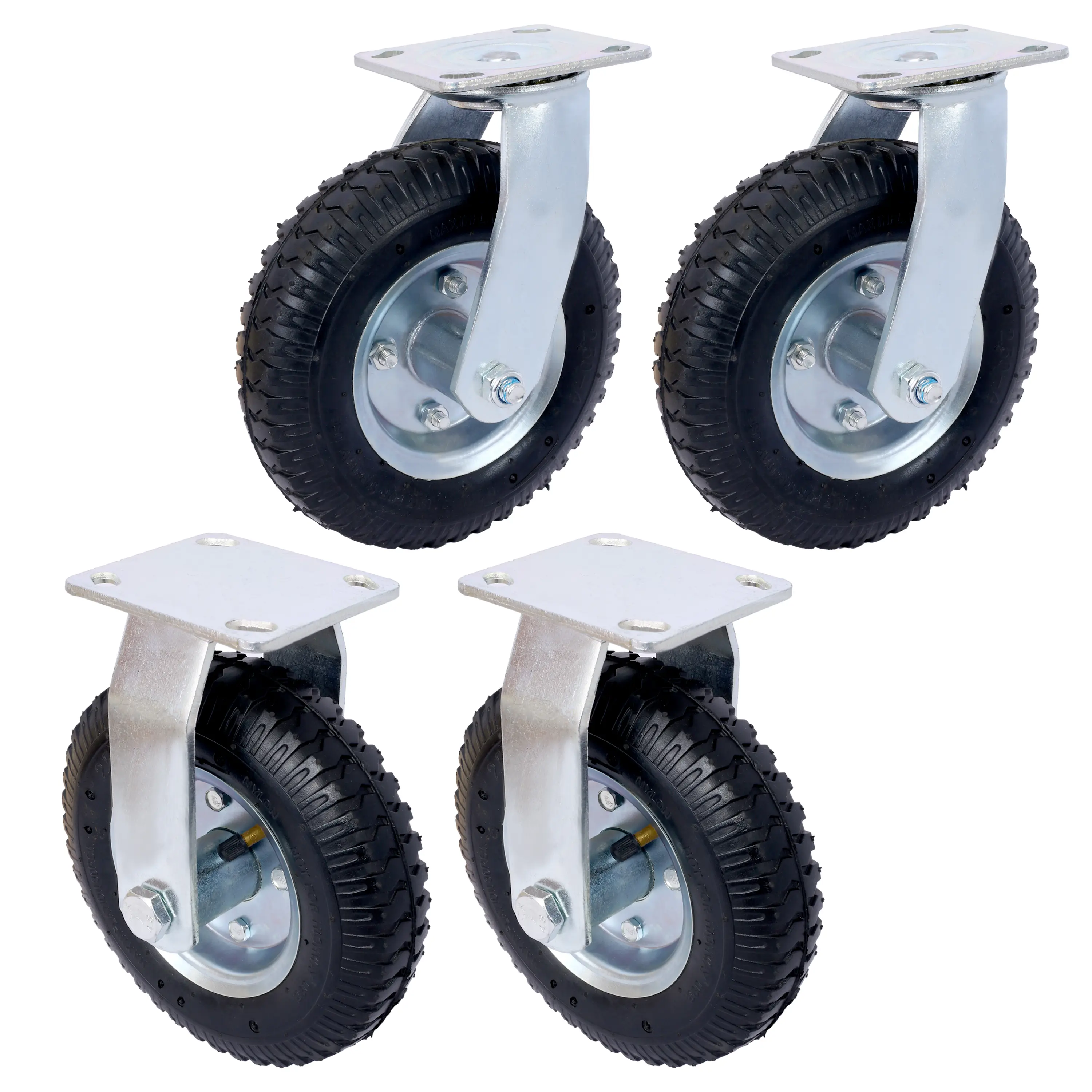 4PCS 8-Inch Diameter Metal Pneumatic Tire Casters (2 Swivel + 2 Rigid) - Black Hardware, Steel Hub with Ball Bearings, 5/8-Inch Centered Axle, Swivel Plate, 220-Lb High Load Capacity, Enhanced Traction, Indoor Outdoor Cushioned Ride