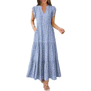 ANRABESS Womens Summer Casual Maxi Dress V Neck Ruffle Sleeve Flowy Tiered Boho Long Beach Vacation Sundress