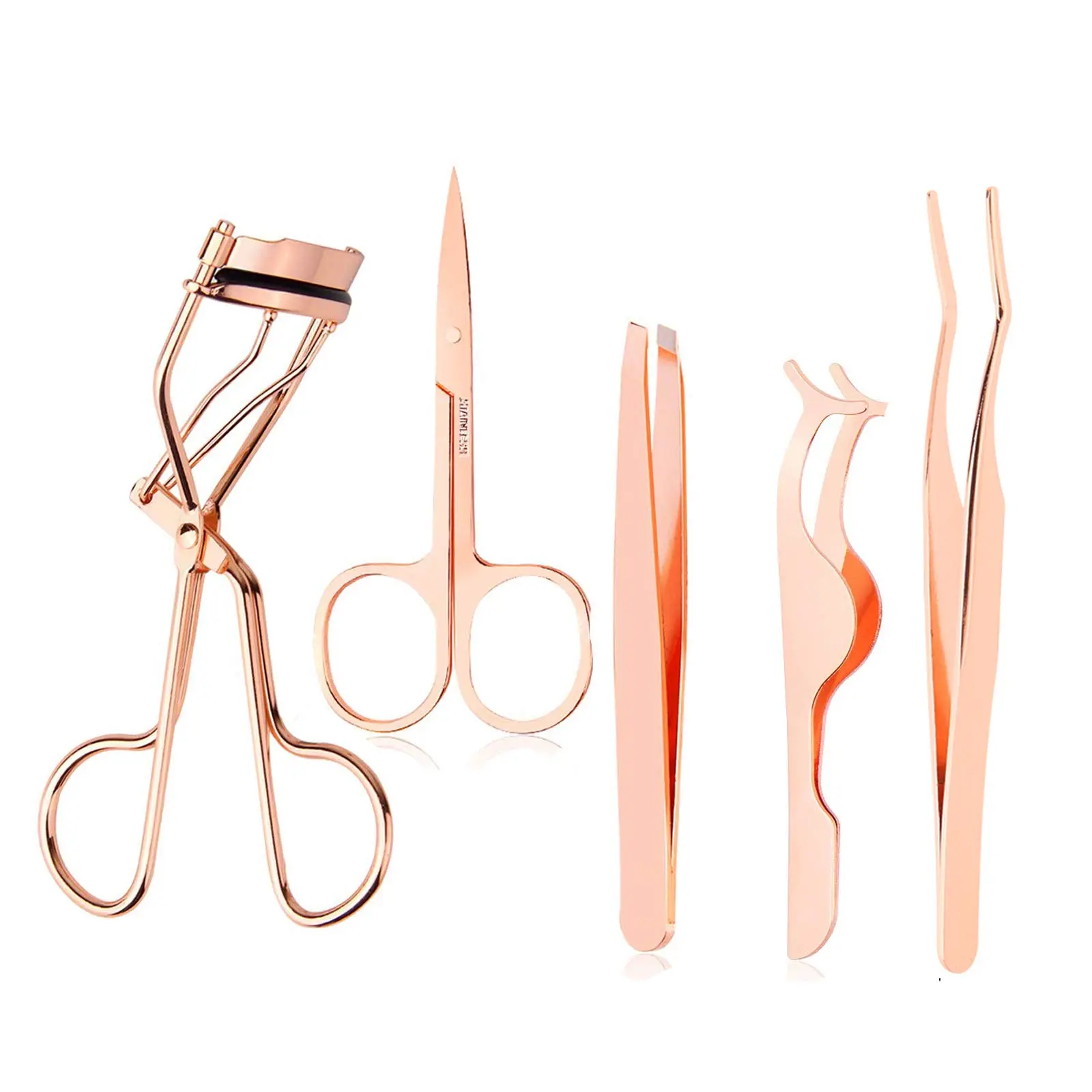 5 counts Eyelash Applicator Tool False Eyelashes Applicator Eyebrow Curler Eyebrow Scissors (Rose Golden)