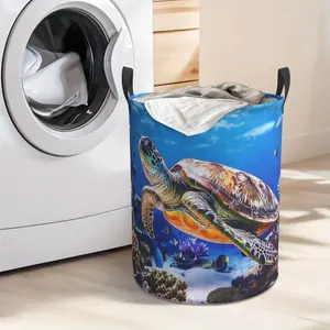 Sea Turtle Print Laundry Hamper, Portable & Collapsible Storage Basket, Oxford Cloth, Sturdy Handle, Space-Saving