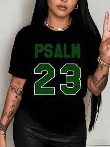 Breathable Christian Faith-Shirt - Psalm 23 Bible Verse Print, Lightweight Round Neck Short Sleeve, White With Green Text Casual Outdoor Wear Summer Top Fashionable
