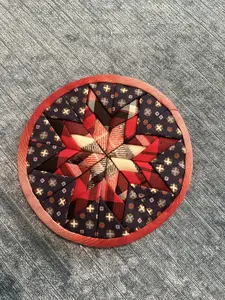 Handmade Cotton Fabric Coaster - Hand-Stitched Heat Protection Table-Top Charm 11 cm Diameter with Embroidered Red Berry