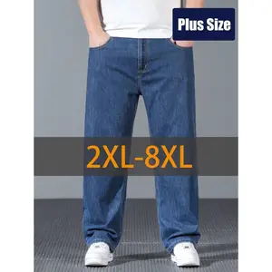 Men's Plus Size Jeans With Beard Details, Basic Style, Slightly Elastic, Slim Fit, Blue, Casual And Simple, Suitable For Daily Wear, Men's Jeans, Men's Pants, Men's Blue Pants, Plus Size