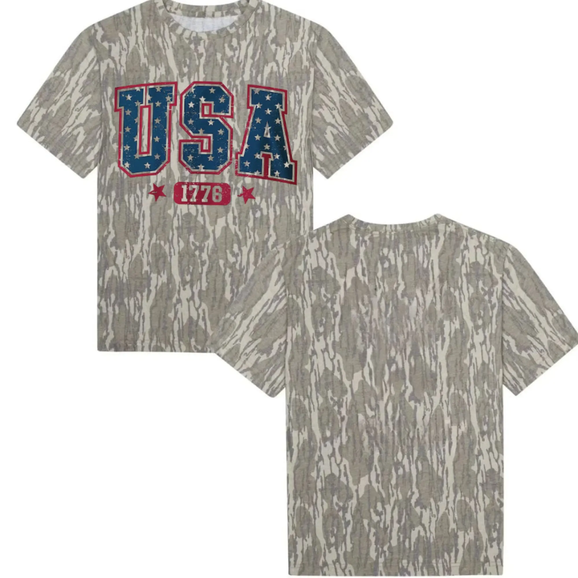 Mossy Oak Vintage USA 1776 Tee, Bottomland Camo Hunting Tee, Outdoor Short Sleeve Shirt, Hunting 3D Tee, Gift For Him, Gift For Dad