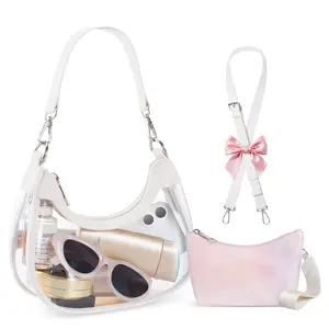 Babysun Small Clear Bag for Stadium Events, Clear Crescent Bag Handbags for Concerts Sports with Wristlet Iridescent Wallet New Year Gift Valentine's Day gift