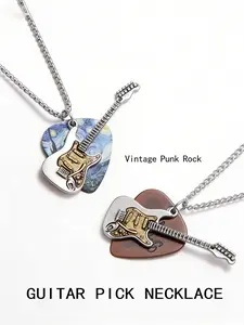 Vintage Electric Guitar Pick Necklace for Men Women, Punk Rock Hip Hop Pendant Necklace, Stainless Steel Chain Couple Sweater Chain, Retro Music Jewelry for Daily & Street Wear