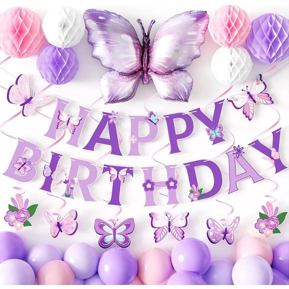 Purple Pink Birthday Party Decorations - Happy Birthday Banner, Spiral Pendant, Honeycomb Ball with Big Butterfly Foil Balloon