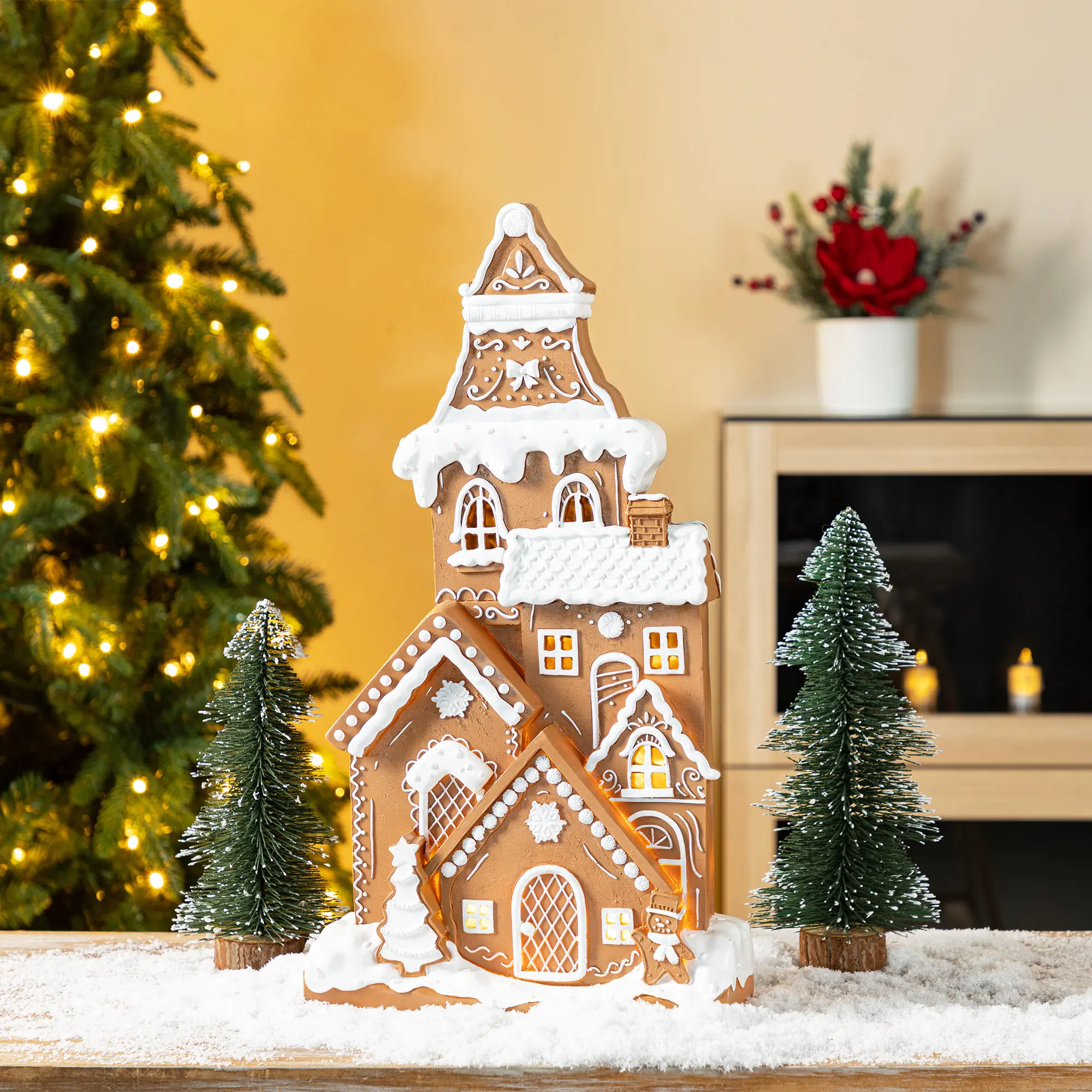 Glitzhome 17.75"H Christmas Lighted Resin Gingerbread House Table Decoration, Handcrafted w/Candy Accents, Timer Function, Batteries Not Included, Festive Style Christmas Decor