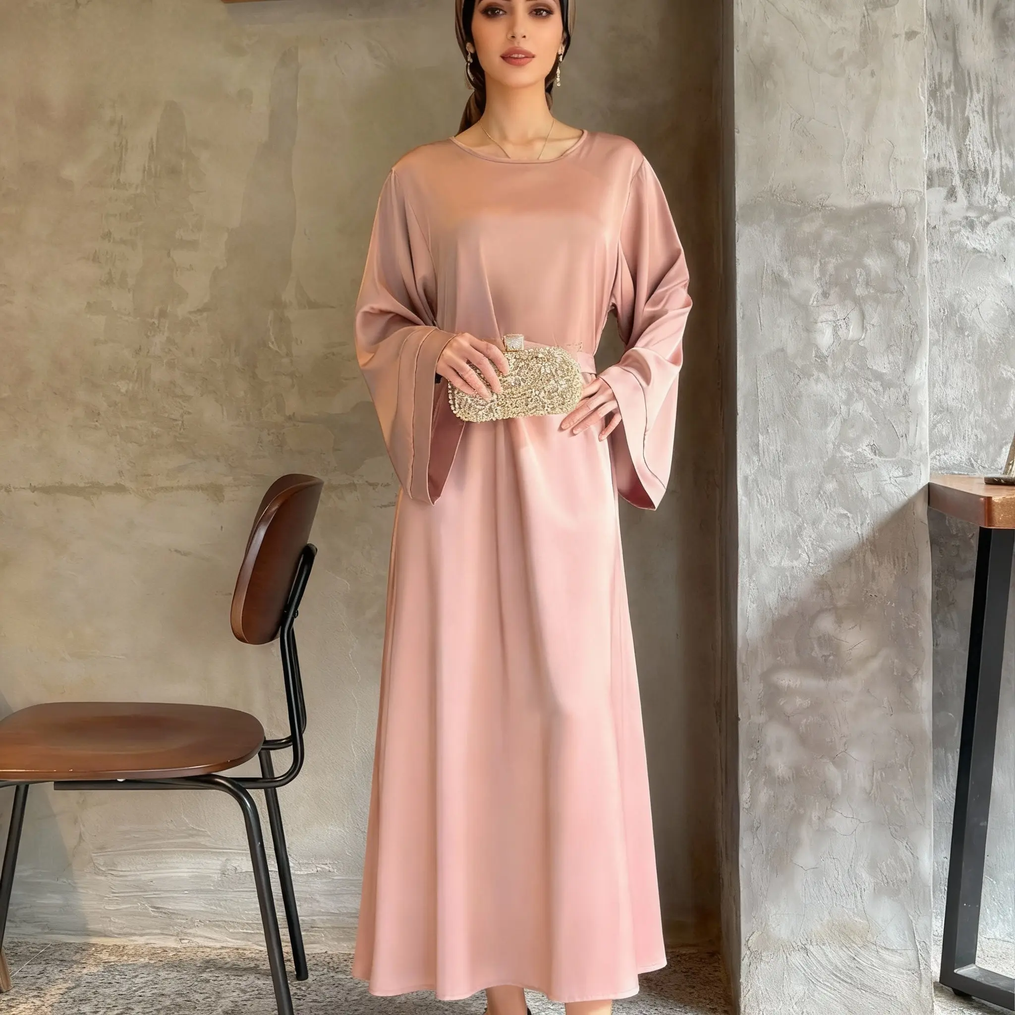 CL12 Solid Color Abaya Simple Satin Dress for Women Elegant Fashionable Long Sleeve Thobe Modest Islamic Robe Casual Autumn Wear Formal Modesty,Fashionweek