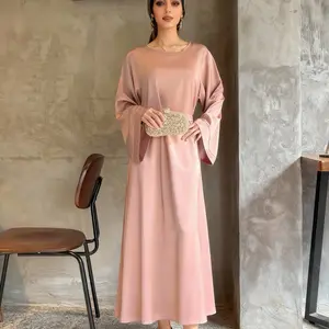 CL12 Solid Color Abaya Simple Satin Dress for Women Elegant Fashionable Long Sleeve Thobe Modest Islamic Robe Casual Autumn Wear Formal Modesty,Fashionweek