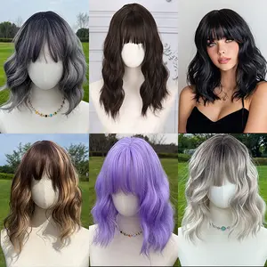 SMILCO/14Inch Lavender Purple/Gray/Brown/Black Short Wavy with Bangs Synthetic Wig/SM210-9 for Daily holiday Versatile Styling