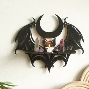 Halloween Crescent Moon Bat Design Wall Mounted Crystal Display Shelf, Gothic Style Wall Mounted Crystal Holder, Home Decor for Living Room Bedroom