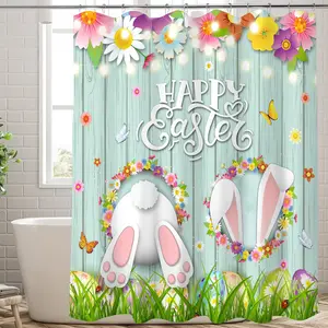 Happy Easter Shower Curtain for Bathroom 72"X72" Easter Shower Curtain Set Cute Bunny Rabbit Shower Curtain Rustic Wooden Grain Bunny Spring Fabric Waterproof Polyester with 12 Pack Hooks