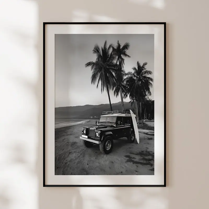 Land Rover Surf Poster, Black and White Surf Photography, Vintage Beach Print, Exotic Surf Wall Art, Black and White Surf Decor
