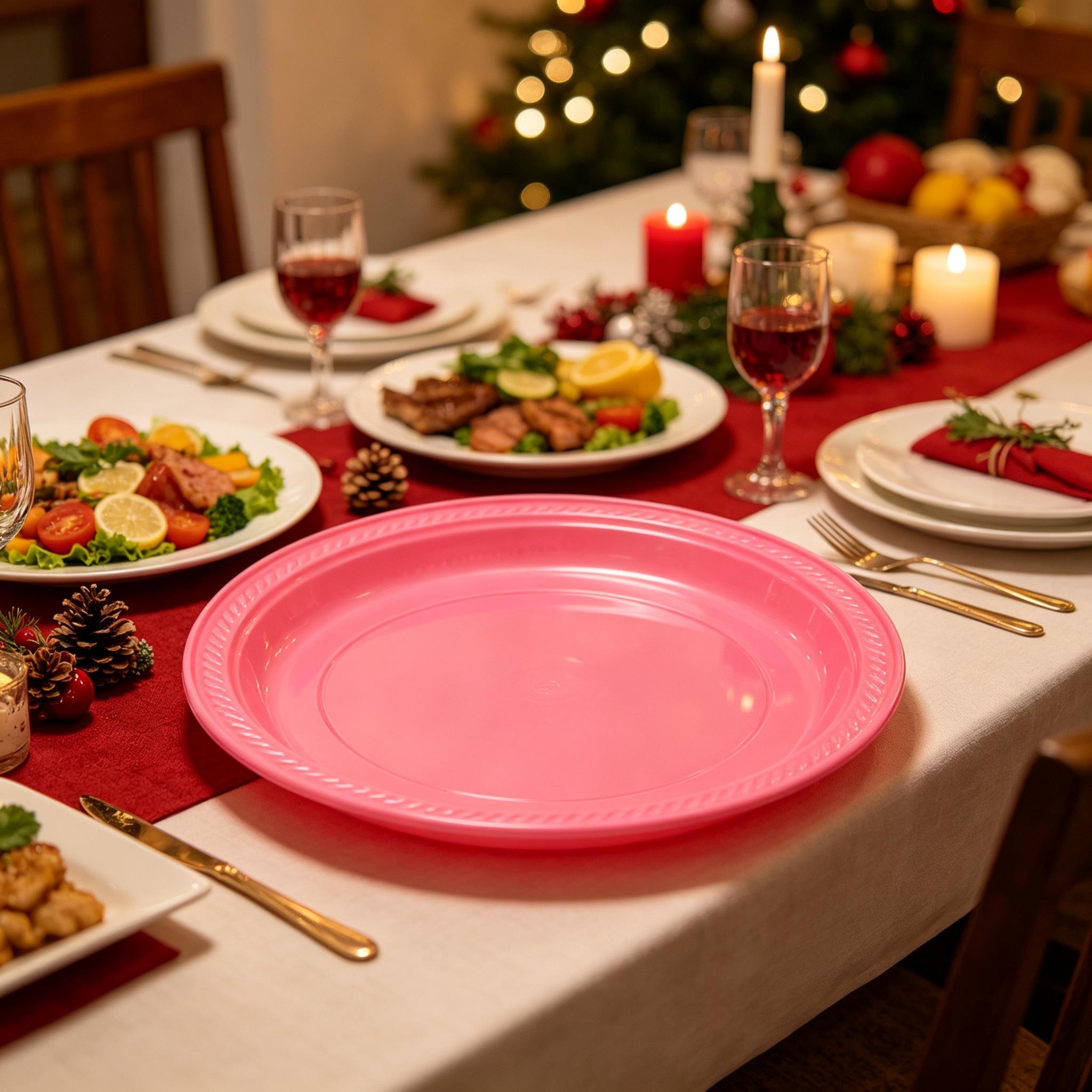 9" 8Pack & 7" 12Pack Pink Plastic Serving Plates, Disposable Reusable Party Trays