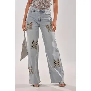 RHINESTONE BUTTERFLY CUTOUT DENIM JEANS RHINESTONE BUTTERFLY CUTOUT DENIM JEANS