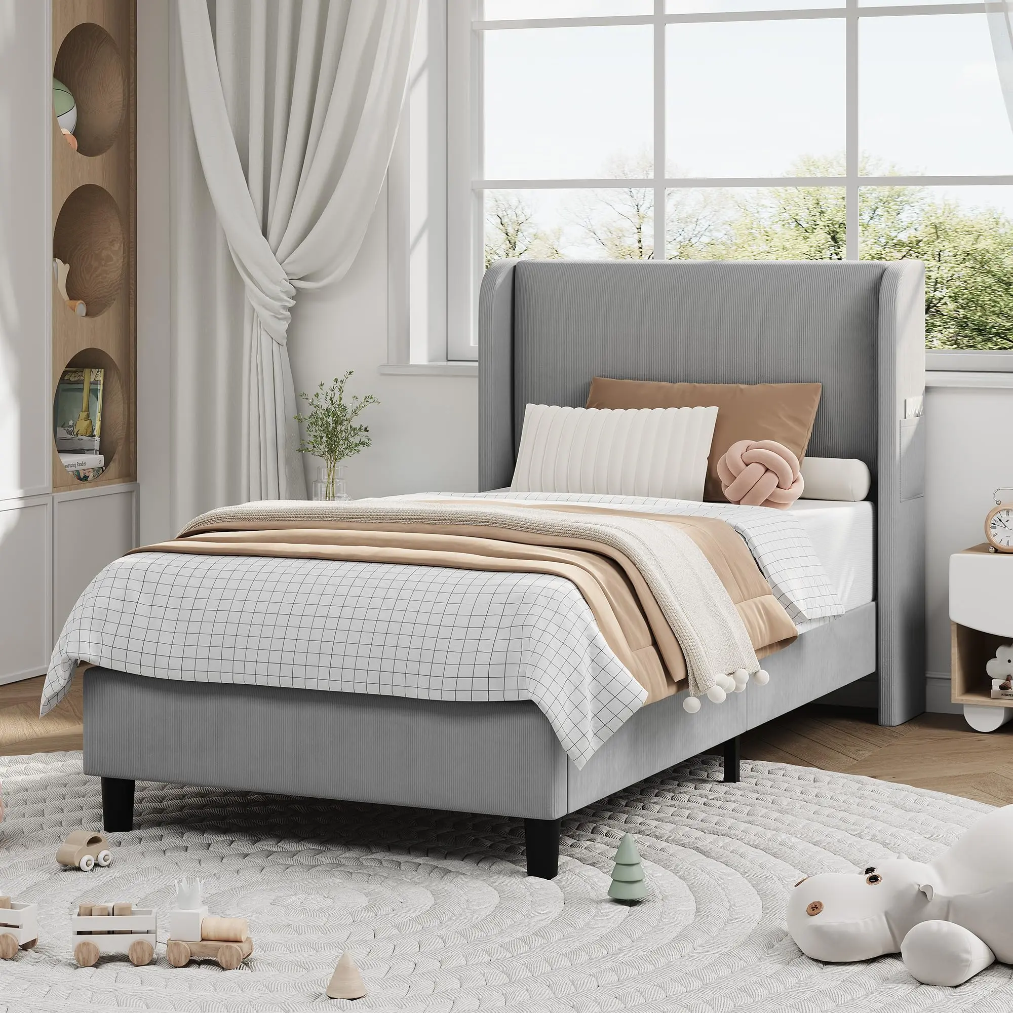 Garvee Traditional Twin Bed Frame - Rectangular with Headboard and Footboard, Vertical Stripes Velvet Upholstery, 2 Storage Pockets, Sturdy Wood Slat Support, 60.83 lbs, 82.3x47.2x39.4 in, Silent Sleep, Assembly Required, Light Grey Indoor Furniture
