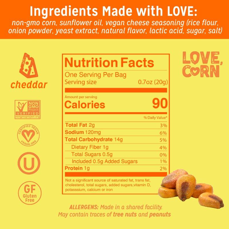 LOVE CORN Cheddar 0.7oz x 20 bags - Delicious Crunchy Corn - Healthy Family Snacks - Gluten Free, Kosher, NON-GMO - Alternative for Chips, Nuts, Crackers & Pretzels - Perfect for Charcuterie Boards Traditional Crispy
