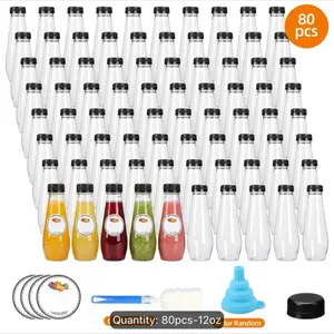 80pcs Plastic Juice Bottles, Bottles With Caps, Beverage Containers Bulk With Lids, Water Bottles Bulk, Picnic Supplies, For Milk Tea, Juicing, Smoothies, Drinking, Fridge, Party, 12oz.Funnel & Brush (Color Random)