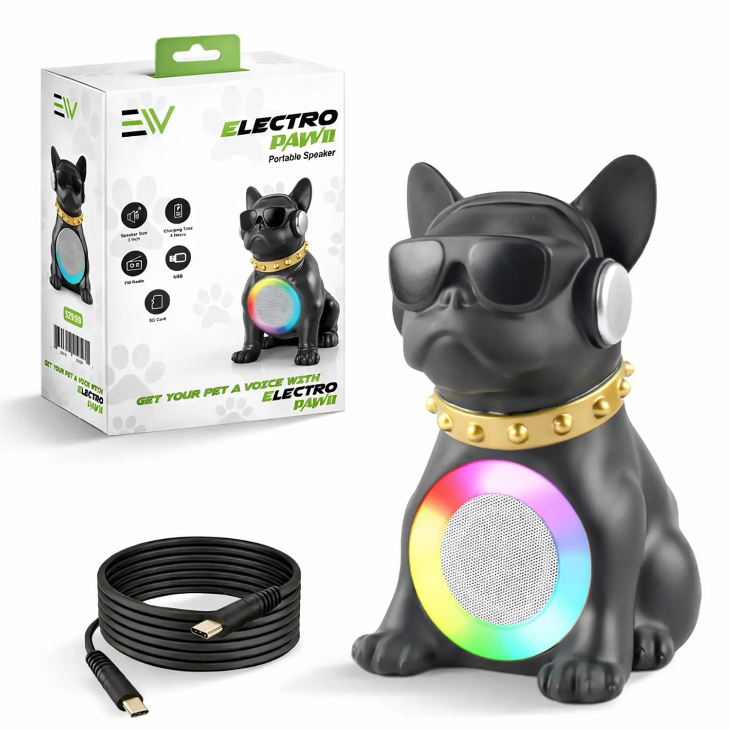 Electronic World Compact Plastic Bulldog Wireless Bluetooth Speaker - Portable RGB Light, Loud Stereo Sound, Mini Design, USB Type-C Charging, Mobile & Card Compatibility, Music Setup, Home Entertainment, Party Vibes, Bed Use, Casual Speakers