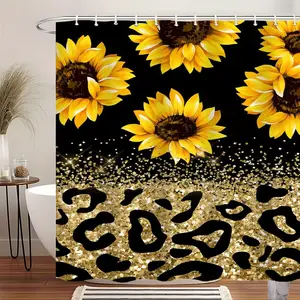Sunflower Shower Curtain, Black Gold Leopard Extra Large Waterproof Thickened Mildew-Proof Bathroom, Restroom Partition Curtain for Dry-Wet Separation, Durable Polyester Fabric & 12 Hooks for Easy Hanging, Bathroom Decoration Home Decor, Ideal Gift