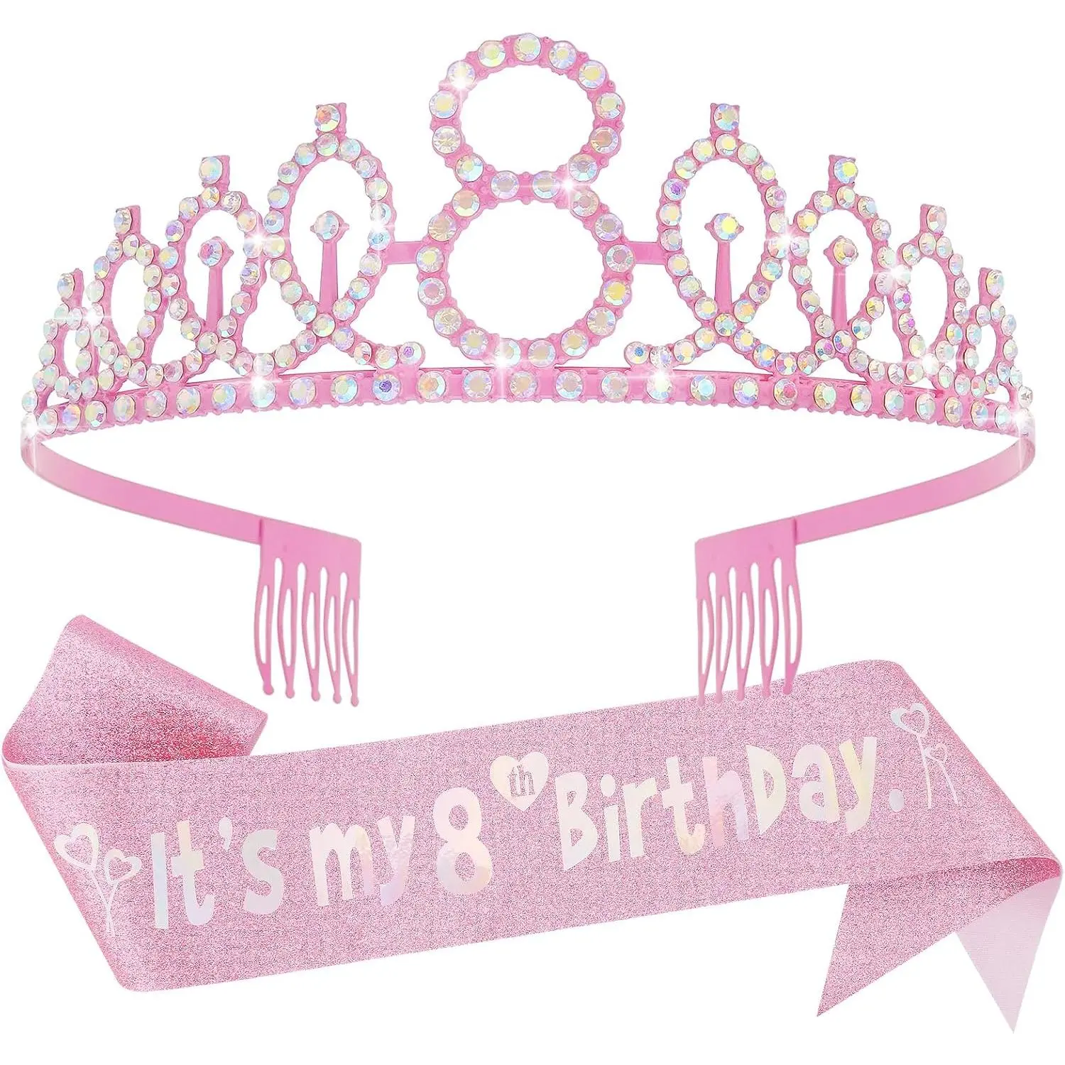 F-HDW24   Birthday Decorations for Girls - Crown Tiara Sash Set and Headband Gift