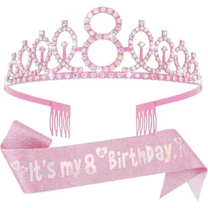 F-HDW24   Birthday Decorations for Girls - Crown Tiara Sash Set and Headband Gift